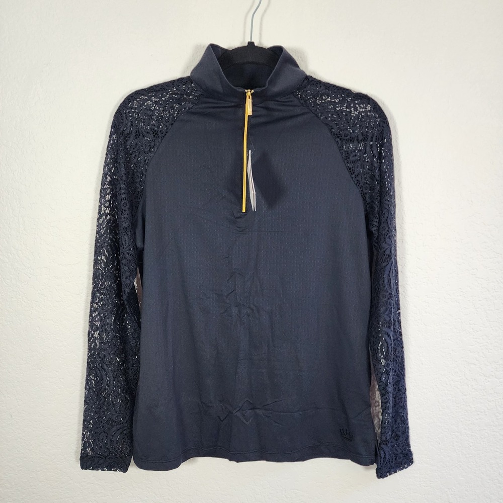 NEW Kastel Denmark Long Sleeve Lace Black 1/4 Zip Top Mesh Trim LARGE NWT